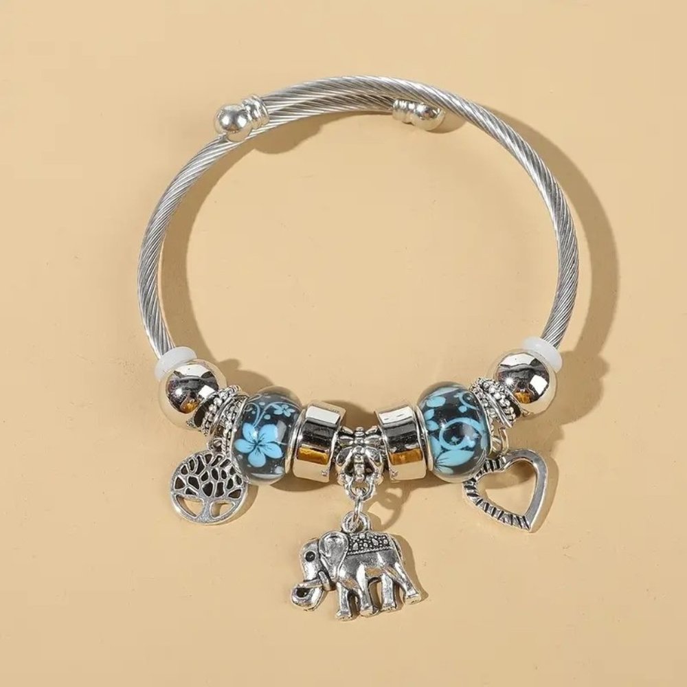 Elegant 925 Sterling Silver Tree Of Life Elephant Open Bracelet Bangle Cuff